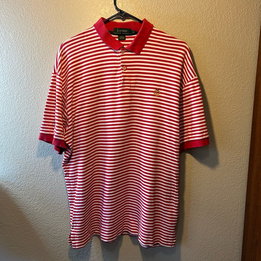 Lauren Ralph Lauren Stripe Polo Short Sleeve Shirt Men's L Red & White